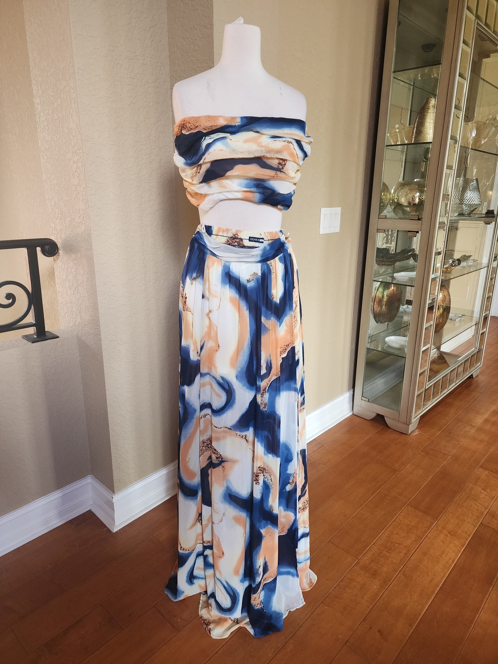Fashion Nova Marble Maxi Skirt in Blue and Cream with Tan Accents
